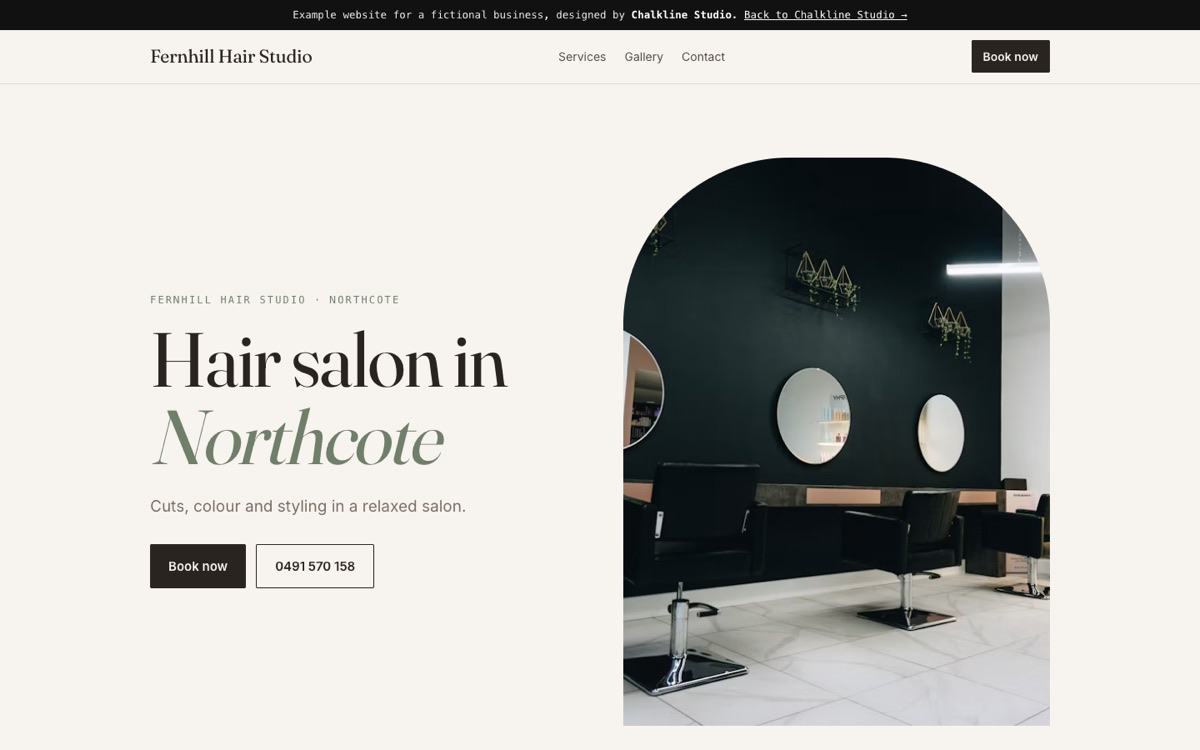 Fernhill Hair Studio example website on a laptop